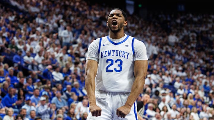 Feb 28, 2026; Lexington, Kentucky, USA; Kentucky Wildcats forward Mouhamed Dioubate (23) celebrates a basket against the Vanderbilt Commodores at Rupp Arena at Central Bank Center. Mandatory Credit: Jordan Prather-Imagn Images