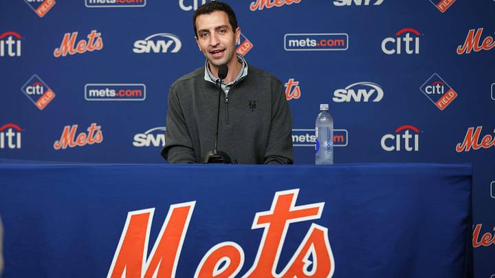 Sep 4, 2026; New York City, New York, USA;  New York Mets President of Baseball Operations, David Stearns, speaks to members of the media prior to the game against the San Francsico Giants at Citi Field.  Mandatory Credit: Wendell Cruz-Imagn Images
