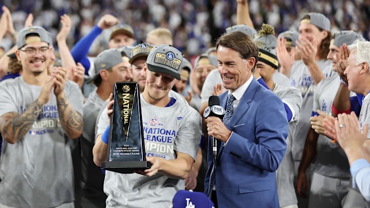 Tommy Edman accepts the 2024 NLCS MVP award