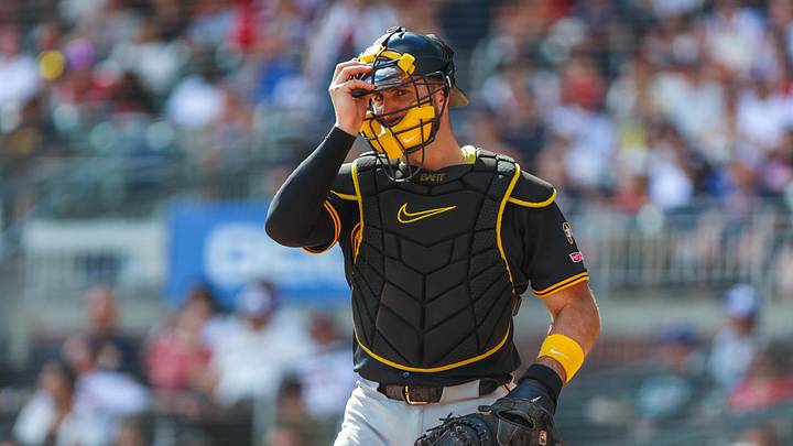 Sep 28, 2025; Cumberland, Georgia, USA; Pittsburgh Pirates catcher Joey Bart (14) during the game against the Atlanta Braves during the second inning at Truist Park. Mandatory Credit: Jordan Godfree-Imagn Images