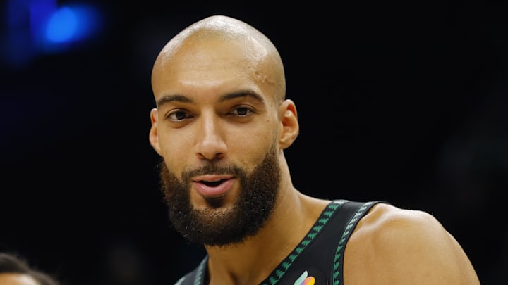 Jan 6, 2026; Minneapolis, Minnesota, USA; Minnesota Timberwolves center Rudy Gobert (27) talks with a reporter after the game with the Miami Heat at Target Center. Mandatory Credit: Bruce Kluckhohn-Imagn Images