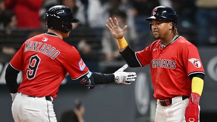 Aug 30, 2025; Cleveland, Ohio, USA; Cleveland Guardians first baseman Kyle Manzardo (9) celebrates with third baseman Jose Ramirez (11) after hitting a home run against the Seattle Mariners during the sixth inning at Progressive Field. Mandatory Credit: Ken Blaze-Imagn Images