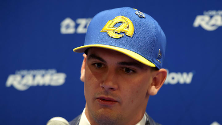 Apr 24, 2026; Inglewood, CA, USA;  Los Angeles Rams first-round draft pick Ty Simpson speaks to media during a press conference at Code Next at Hollywood Park. Mandatory Credit: Kiyoshi Mio-Imagn Images