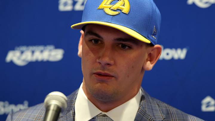 Apr 24, 2026; Inglewood, CA, USA; Los Angeles Rams first-round draft pick Ty Simpson speaks to media during a press conference at Code Next at Hollywood Park. Mandatory Credit: Kiyoshi Mio-Imagn Images Apr 24, 2026; Inglewood, CA, USA; Los Angeles Rams first-round draft pick Ty Simpson speaks to media during a press conference at Code Next at Hollywood Park. Mandatory Credit: Kiyoshi Mio-Imagn Images