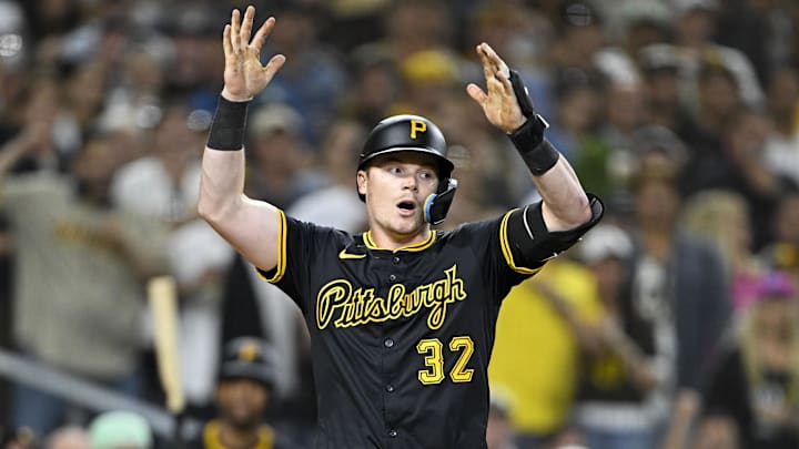 May 30, 2025; San Diego, California, USA; Pittsburgh Pirates catcher Henry Davis (32) reacts after a called strike out during the eighth inning against the San Diego Padres at Petco Park. Mandatory Credit: Denis Poroy-Imagn Images