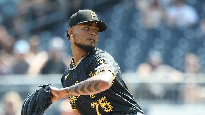 Aug 9, 2026; Pittsburgh, Pennsylvania, USA; Pittsburgh Pirates relief pitcher Camilo Doval (75) pitches  against the New York Mets during the sixth inning at PNC Park. Mandatory Credit: Charles LeClaire-Imagn Images