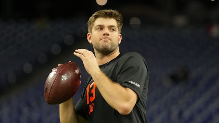 Feb 28, 2026; Indianapolis, IN, USA; LSU quarterback Garrett Nussmeier (QB13) during the NFL Scouting Combine at Lucas Oil Stadium. Mandatory Credit: Kirby Lee-Imagn Images