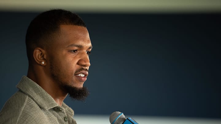 Tennessee Titans new free-agent running back Tony Pollard fields questions at Ascension Saint Thomas Sports Park in Nashville, Tenn., Thursday, March 14, 2024.