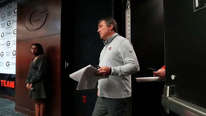 Georgia coach Kirby Smart enters to speak with the media on the first day of spring practice in Athens, Ga., on Tuesday, March 11, 2025.