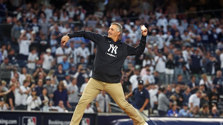 Former New York Yankee Andy Pettitte throws the first pitch between the New York Yankees and Kansas City Royals before the game during game one of the ALDS for the 2024 MLB Playoffs at Yankee Stadium. Former New York Yankee Andy Pettitte throws the first pitch between the New York Yankees and Kansas City Royals before the game during game one of the ALDS for the 2024 MLB Playoffs at Yankee Stadium.