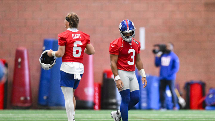 New York Giants quarterback Jaxson Dart (6) and quarterback Russell Wilson (3)  