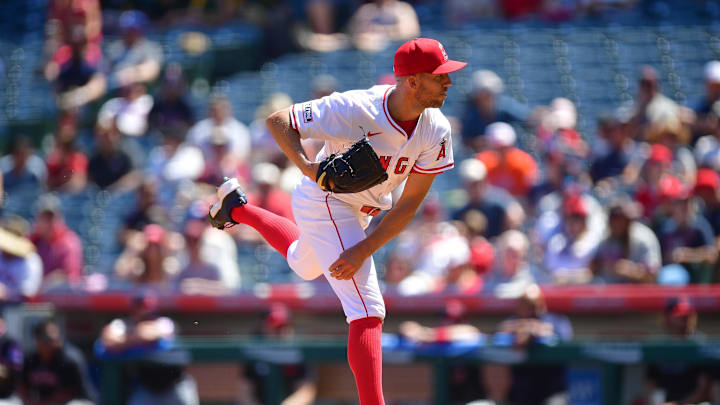 Apr 6, 2025; Anaheim, California, USA; Los Angeles Angels pitcher Tyler Anderson (31) throws against the Cleveland Guardians during the first inning at Angel Stadium. Mandatory Credit: Gary A. Vasquez-Imagn Images`