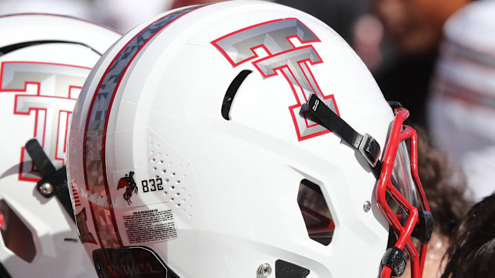 A general view of a Texas Tech Red Raiders helmet on the bench in the first half of the game against the Brigham Young University Cougars at Jones AT&T Stadium.