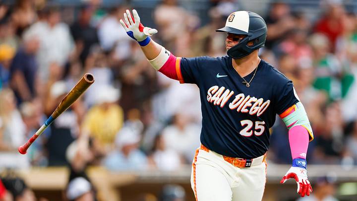 Aug 21, 2026; San Diego, California, USA;  San Diego Padres first baseman Ty France (25) flips his bat after hitting a two-run home run during the first inning against the Minnesota Twins at Petco Park.  Mandatory Credit: David Frerker-Imagn Images