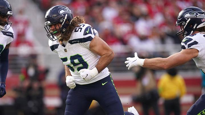 Dec 10, 2023; Santa Clara, California, USA; Seattle Seahawks linebacker Jon Rhattigan (59) reacts after making a tackle against the San Francisco 49ers in the first quarter at Levi's Stadium. Mandatory Credit: Cary Edmondson-USA TODAY Sports Dec 10, 2023; Santa Clara, California, USA; Seattle Seahawks linebacker Jon Rhattigan (59) reacts after making a tackle against the San Francisco 49ers in the first quarter at Levi's Stadium. Mandatory Credit: Cary Edmondson-USA TODAY Sports