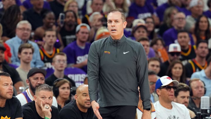 Apr 28, 2024; Phoenix, Arizona, USA; Phoenix Suns head coach Frank Vogel looks on Monday during the first half of game four of the first round for the 2024 NBA playoffs at Footprint Center. Mandatory Credit: Joe Camporeale-Imagn Images