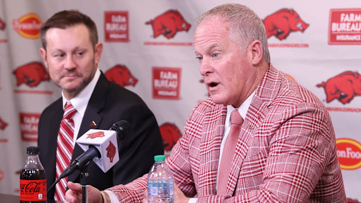 Arkansas Razorbacks coach Ryan Silverfield during his introductory press conference along with vice chancellor and director of athletics Hunter Yurachek at Frank Broyles Center. Arkansas Razorbacks coach Ryan Silverfield during his introductory press conference along with vice chancellor and director of athletics Hunter Yurachek at Frank Broyles Center.