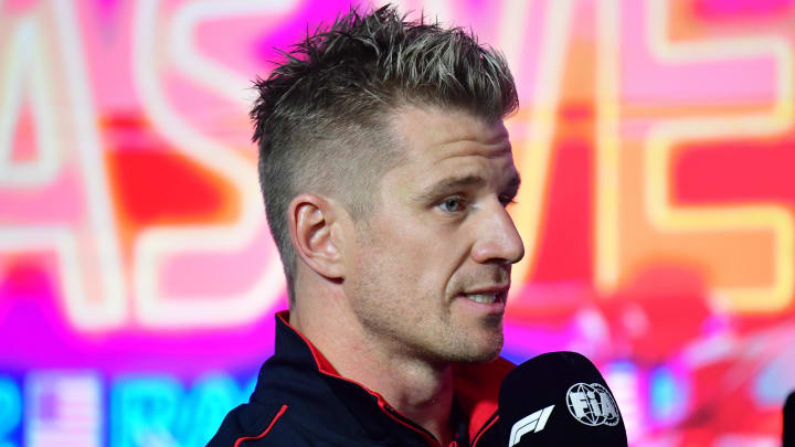 Nov 15, 2023; Las Vegas, Nevada, USA; Haas F1 driver Nico Hulkenberg of Germany speaks during media availabilities at Las Vegas Strip Circuit. Mandatory Credit: Gary A. Vasquez-USA TODAY Sports