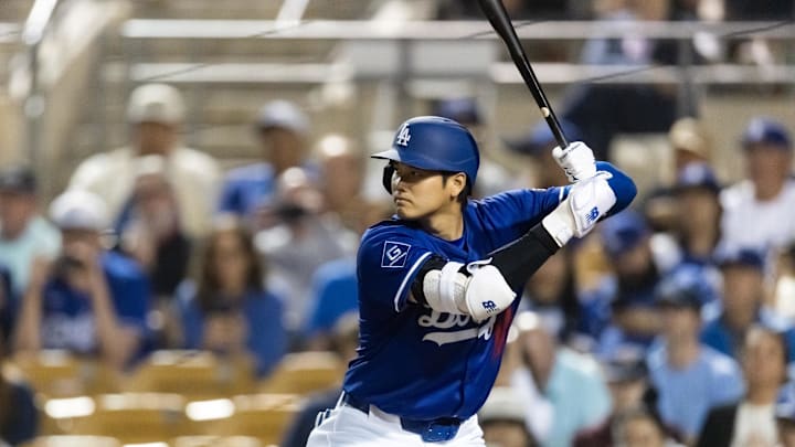 Feb 28, 2025; Phoenix, Arizona, USA; Los Angeles Dodgers designated hitter Shohei Ohtani (17) against the Los Angeles Angels during a spring training game at Camelback Ranch-Glendale. Mandatory Credit: Mark J. Rebilas-Imagn Images