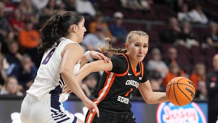 March 10, 2025; Las Vegas, NV, USA; Oregon State Beavers guard Kennedie Shuler (1) dribbles the basketball against Gonzaga Bulldogs guard Ines Bettencourt (8) during the first half in the semifinal of the West Coast Conference tournament at Orleans Arena. Mandatory Credit: Kyle Terada-Imagn Images