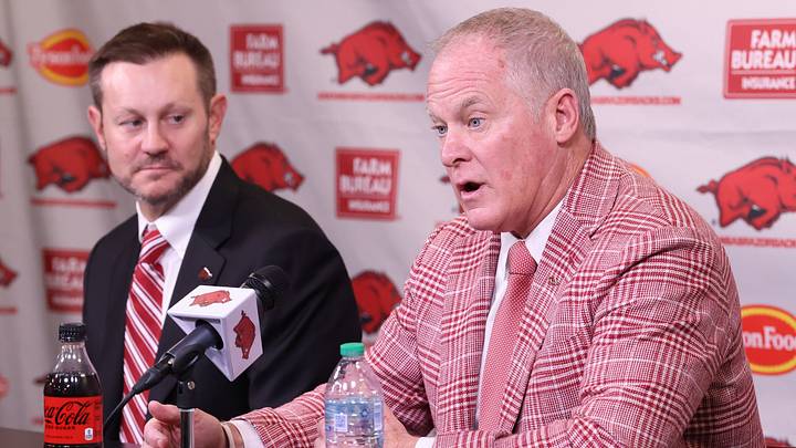 Dec 4, 2025; Fayetteville, AR, USA; Arkansas Razorbacks head coach Ryan Silverfield during his introductory press conference along with vice chancellor and director of athletics Hunter Yurachek at Frank Broyles Center. Mandatory Credit: Nelson Chenault-Imagn Images Dec 4, 2025; Fayetteville, AR, USA; Arkansas Razorbacks head coach Ryan Silverfield during his introductory press conference along with vice chancellor and director of athletics Hunter Yurachek at Frank Broyles Center. Mandatory Credit: Nelson Chenault-Imagn Images