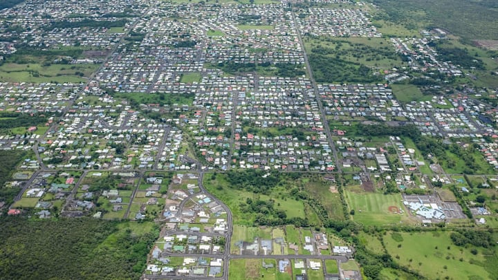 An aerial view of a suburb of Hilo, on the Western Coast of...
