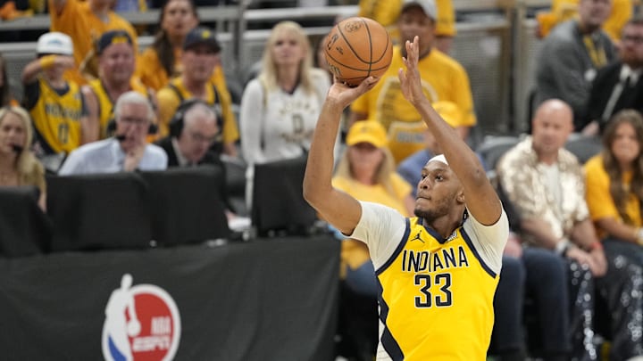 Jun 13, 2025; Indianapolis, Indiana, USA; Indiana Pacers center Myles Turner (33) shoots a three point basket against the Oklahoma City Thunder during the third quarter of game four of the 2025 NBA Finals at Gainbridge Fieldhouse. Mandatory Credit: Kyle Terada-Imagn Images