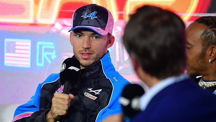 Nov 15, 2023; Las Vegas, Nevada, USA; Alpine driver Pierre Gasly of France speaks during media availabilities at Las Vegas Strip Circuit. Mandatory Credit: Gary A. Vasquez-USA TODAY Sports