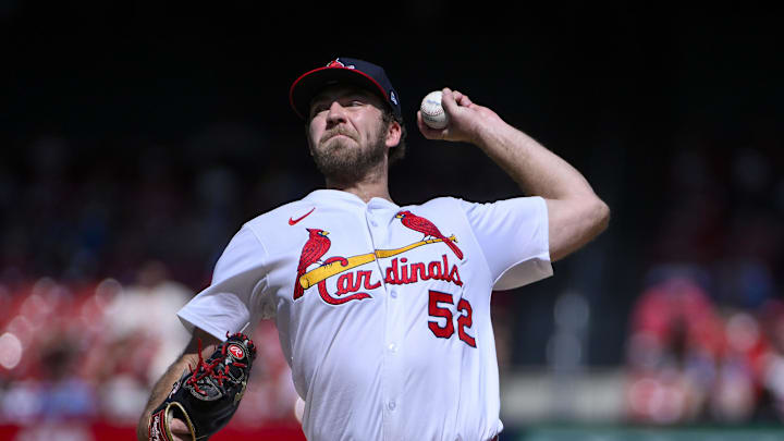 Sep 21, 2025; St. Louis, Missouri, USA; St. Louis Cardinals starting pitcher Matthew Liberatore (52) pitches against the Milwaukee Brewers during the first inning at Busch Stadium. Mandatory Credit: Jeff Curry-Imagn Images