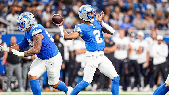 Detroit Lions quarterback Hendon Hooker (2) makes a pass against Houston Texans during the first half at Ford Field in Detroit on Saturday, August 23, 2025.