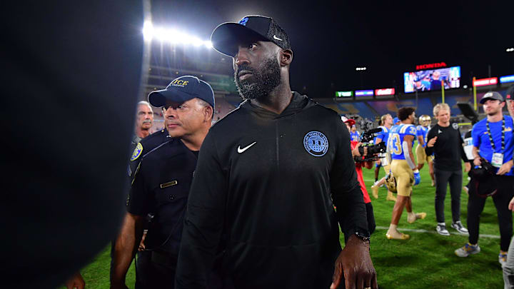 Aug 30, 2025; Pasadena, California, USA; UCLA Bruins head coach DeShaun Foster following the loss against the Utah Utes at Rose Bowl. Mandatory Credit: Gary A. Vasquez-Imagn Images