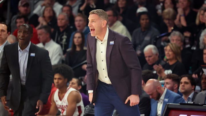 Jan 29, 2025; Starkville, Mississippi, USA; Alabama Crimson Tide head coach Nate Oats reacts against the Mississippi State Bulldogs during the first half at Humphrey Coliseum. Mandatory Credit: Wesley Hale-Imagn Images