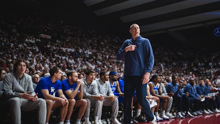 Feb 22, 2025; Tuscaloosa, Alabama, USA; Kentucky Wildcats head coach Mark Pope directs his team against the Alabama Crimson Tide during the second half at Coleman Coliseum.
