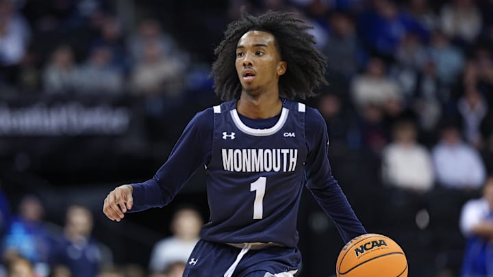 Nov 30, 2024; Newark, New Jersey, USA; Monmouth Hawks guard Abdi Bashir Jr. (1) dribbles up court during the first half against the Seton Hall Pirates at Prudential Center. Mandatory Credit: Vincent Carchietta-Imagn Images Nov 30, 2024; Newark, New Jersey, USA; Monmouth Hawks guard Abdi Bashir Jr. (1) dribbles up court during the first half against the Seton Hall Pirates at Prudential Center. Mandatory Credit: Vincent Carchietta-Imagn Images