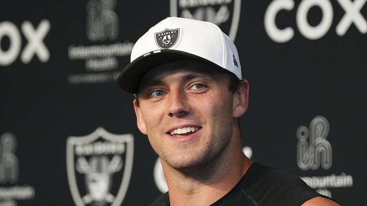 May 28, 2026; Henderson, NV, USA; Las Vegas Raiders tight end Brock Bowers (89) speaks during a news conference during organized team activities at Intermountain Health Performance Center. Mandatory Credit: Candice Ward-Imagn Images