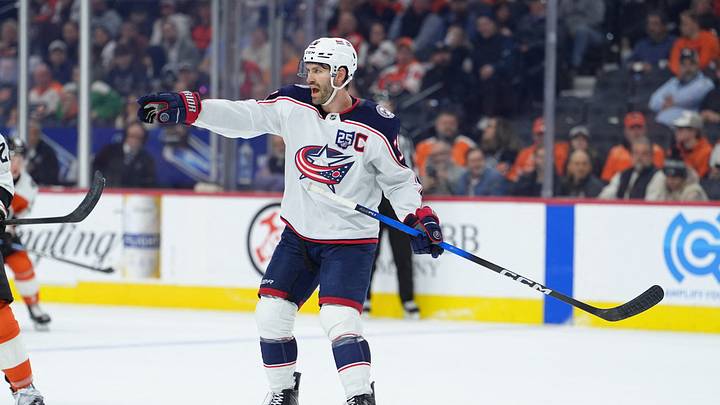 Mar 24, 2026; Philadelphia, Pennsylvania, USA; Columbus Blue Jackets center Boone Jenner (38) reacts against the Philadelphia Flyers in the second period at Xfinity Mobile Arena. Mandatory Credit: Kyle Ross-Imagn Images