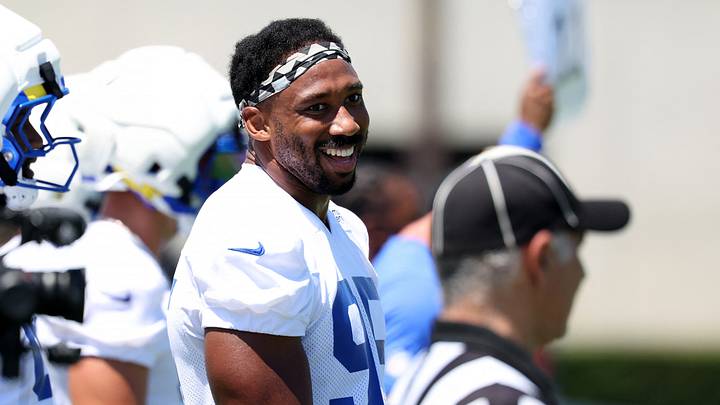 Jul 29, 2026; Los Angeles, CA, USA; Los Angeles Rams defensive end Garrett Myles (95) smiles during training camp at Loyola Marymount University. Mandatory Credit: Kiyoshi Mio-Imagn Images Jul 29, 2026; Los Angeles, CA, USA; Los Angeles Rams defensive end Garrett Myles (95) smiles during training camp at Loyola Marymount University. Mandatory Credit: Kiyoshi Mio-Imagn Images