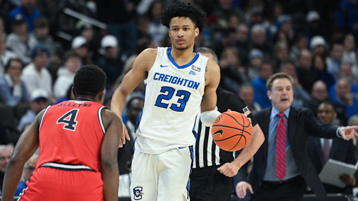 Jan 13, 2024; Omaha, Nebraska, USA;  Creighton Bluejays guard Trey Alexander (23) dribbles against