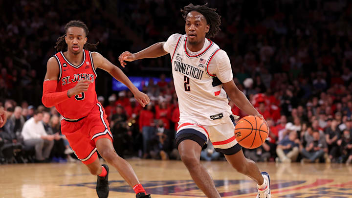 Mar 15, 2024; New York City, NY, USA; Connecticut Huskies guard Tristen Newton (2) drives to the