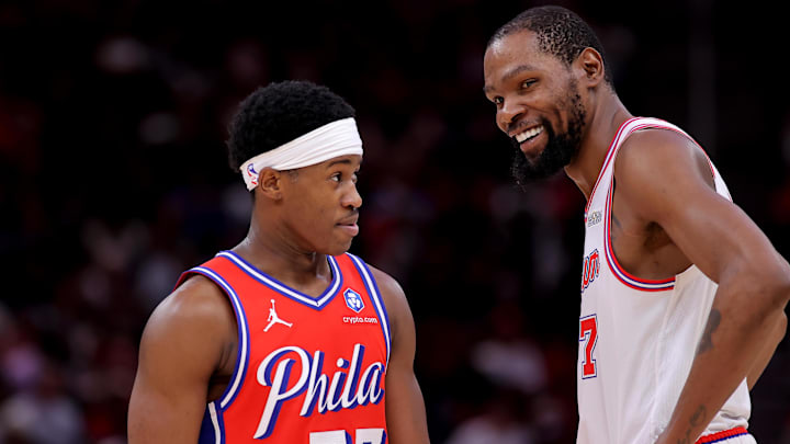 Apr 9, 2026; Houston, Texas, USA; Philadelphia 76ers guard VJ Edgecombe (77) talks with Houston Rockets forward Kevin Durant (7) during the fourth quarter at Toyota Center. Mandatory Credit: Erik Williams-Imagn Images
