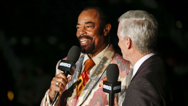 Nov 24, 2017; Atlanta, GA, USA; New York Knicks color commentator and former player Walt Frazier broadcasts prior to a game between the New York Knicks and the Atlanta Hawks at Philips Arena. Mandatory Credit: Brett Davis-Imagn Images