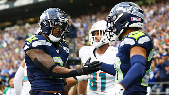 Sep 22, 2024; Seattle, Washington, USA; Seattle Seahawks safety Rayshawn Jenkins (2) celebrates with safety Julian Love (20) an incomplete pass to Miami Dolphins tight end Durham Smythe (81) during the fourth quarter at Lumen Field. Sep 22, 2024; Seattle, Washington, USA; Seattle Seahawks safety Rayshawn Jenkins (2) celebrates with safety Julian Love (20) an incomplete pass to Miami Dolphins tight end Durham Smythe (81) during the fourth quarter at Lumen Field.