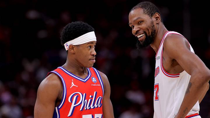 Apr 9, 2026; Houston, Texas, USA; Philadelphia 76ers guard VJ Edgecombe (77) talks with Houston Rockets forward Kevin Durant (7) during the fourth quarter at Toyota Center. Mandatory Credit: Erik Williams-Imagn Images Apr 9, 2026; Houston, Texas, USA; Philadelphia 76ers guard VJ Edgecombe (77) talks with Houston Rockets forward Kevin Durant (7) during the fourth quarter at Toyota Center. Mandatory Credit: Erik Williams-Imagn Images