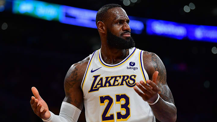Apr 6, 2024; Los Angeles, California, USA; Los Angeles Lakers forward LeBron James (23) reacts during the second half at Crypto.com Arena. Mandatory Credit: Gary A. Vasquez-Imagn Images