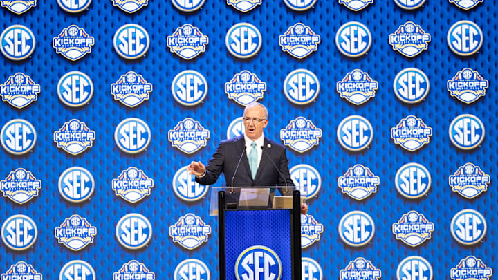 Jul 15, 2024; Dallas, TX, USA;  SEC commissioner Greg Sankey speaking at Omni Dallas Hotel. Mandatory Credit: Brett Patzke-USA TODAY Sports