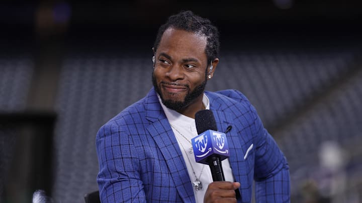 Aug 25, 2022; Houston, Texas, USA; Television analyst Richard Sherman on the set before the game between the Houston Texans and the San Francisco 49ers at NRG Stadium. Mandatory Credit: Troy Taormina-Imagn Images
