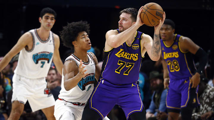 Mar 29, 2025; Memphis, Tennessee, USA; Los Angeles Lakers guard Luka Doncic (77) handles the ball as Memphis Grizzlies forward Jaylen Wells (0) defends during the fourth quarter at FedExForum. Mandatory Credit: Petre Thomas-Imagn Images