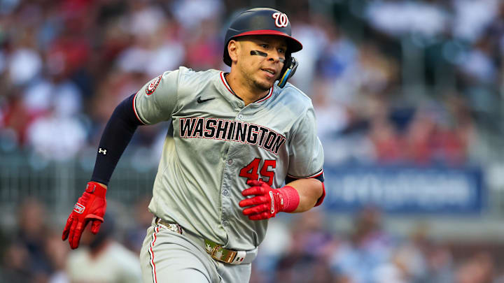 May 30, 2024; Atlanta, Georgia, USA; Washington Nationals first baseman Joey Meneses (45) rounds first on a two-run double against the Atlanta Braves in the third inning at Truist Park. Mandatory Credit: Brett Davis-Imagn Images