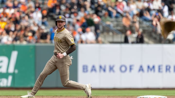 Aug 13, 2025; San Francisco, California, USA; San Diego Padres outfielder Jackson Merrill (3) leads off second base during the second inning against the San Francisco Giants at Oracle Park. Mandatory Credit: Bob Kupbens-Imagn Images