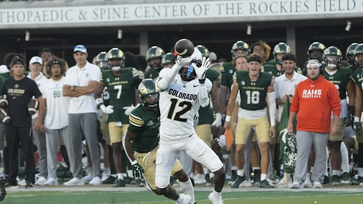 Sep 14, 2024; Fort Collins, Colorado, USA;  Wide Receiver Travis Hunter makes a catch at Sonny Lubick Field at Canvas Stadium. Mandatory Credit: Michael Madrid-Imagn Images